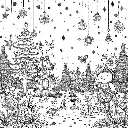 Enchanting Christmas forest with fairies in the style of a Johanna Basford coloring book page