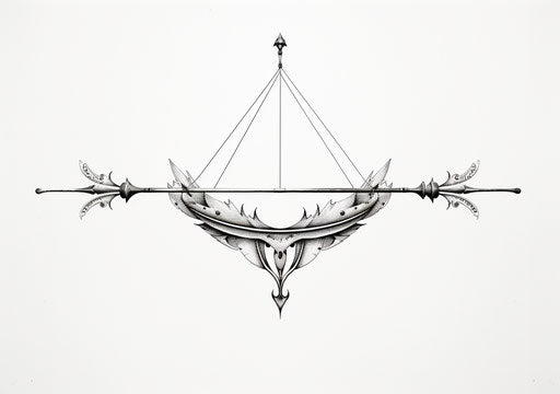 Tattoo drawing of open bow and arrow, neo-classical symmetry