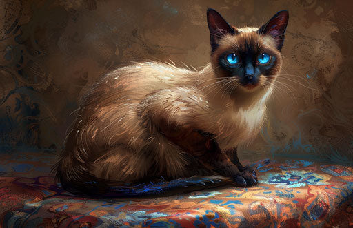 Siamese cat with blue eyes on table, dark white light brown style