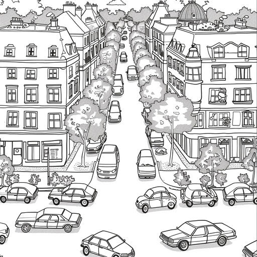 Busy street scene with simple buildings and cars to color