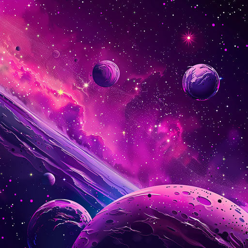 Realistic outer space clipart on bright magenta backdrop