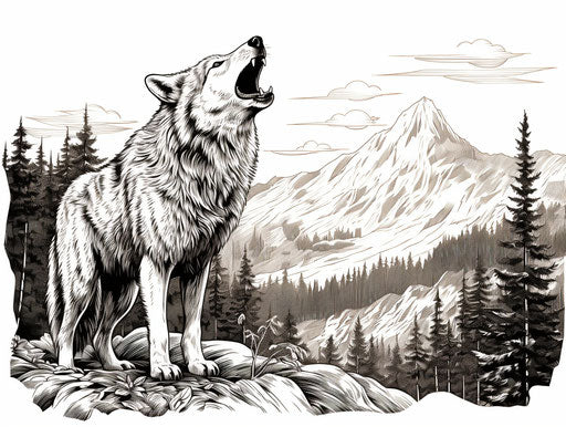 A lone wolf howling in the isolated wilderness in black and white