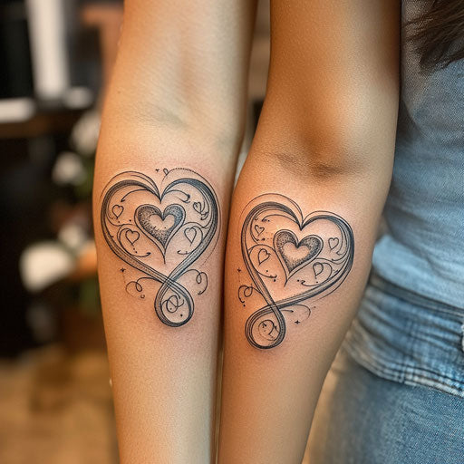 Mother daughter tattoos with matching hearts and infinity symbols