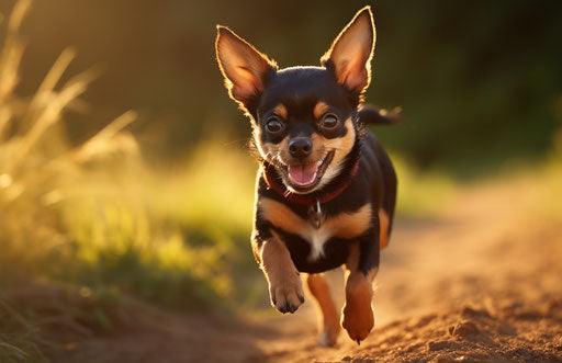 Small brown and black chihuahua puppy running on the field