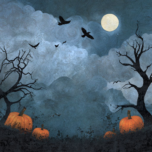 Behind the pumpkins: a dark moonlit scene