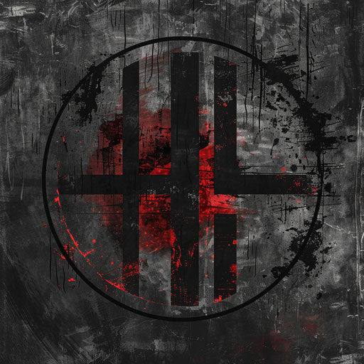 Bold round logo with grunge fonts on dark, textured backdrop