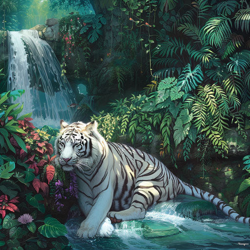 Serene white tiger near a crystal-clear waterfall in lush jungle