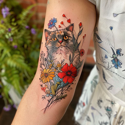 Wildflower tattoo with cat, playful elements, bright colors, detailed feline