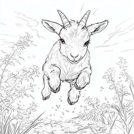 Cute baby goat jumping in the style of Mamoru Hosoda