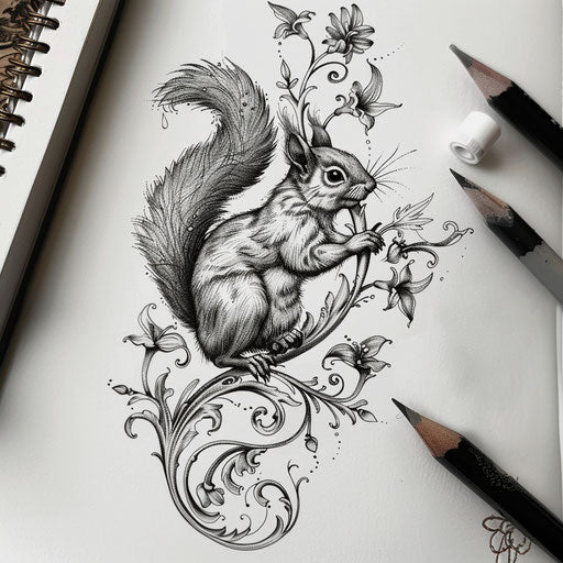 Elegant flat tattoo sketch of a squirrel on an ornate floral branch