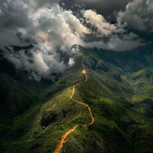 Aerial view of a mountain trail with dramatic clouds