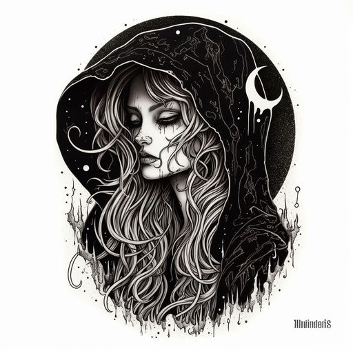 Grim Shadow Moon Stitch Black and White, Occultist Style