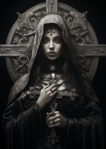 Woman holding a cross, gothic black and white airbrush style