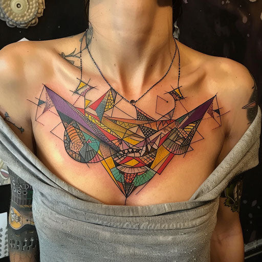 Abstract and colorful chest tattoo with geometric patterns