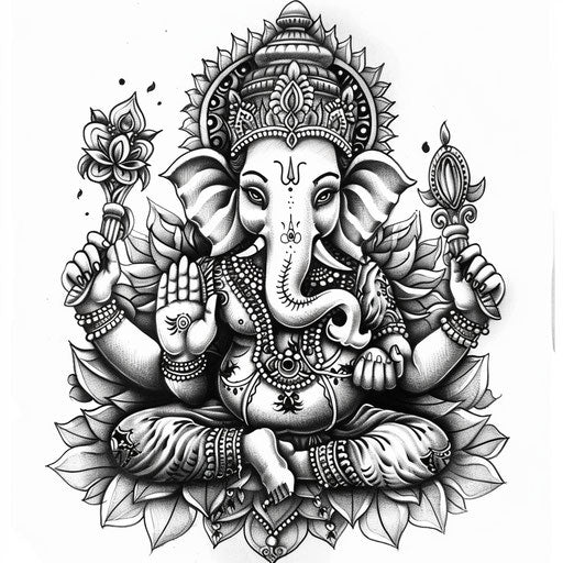 Intricate tattoo sketch of Ganesha, clipart style in black and white with fine shading