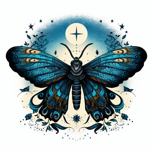 Flying moth with two detailed blue wings