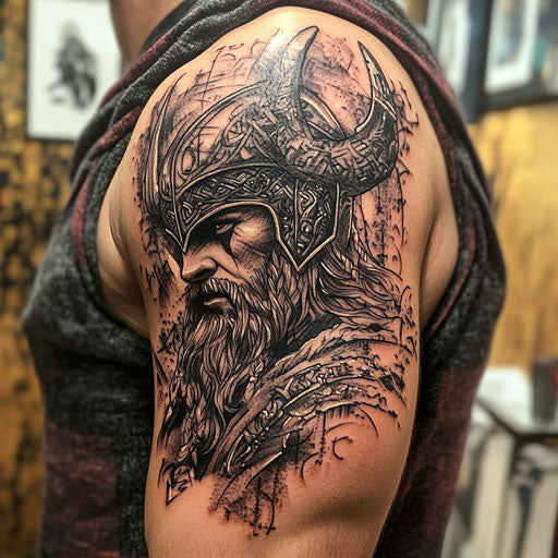 Men's upper arm tattoos with detailed Norse warrior