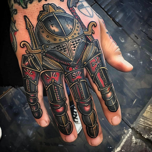 Knuckle tattoos of a knight, in the style of Glenn Fabry