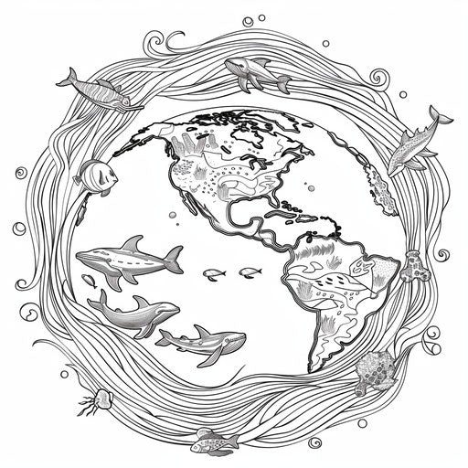 Earth outline with marine life and ocean waves