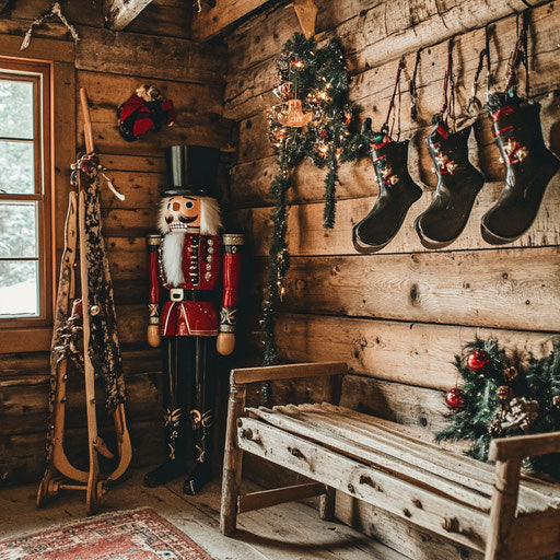 Rustic cabin with Nutcracker by a wooden sled