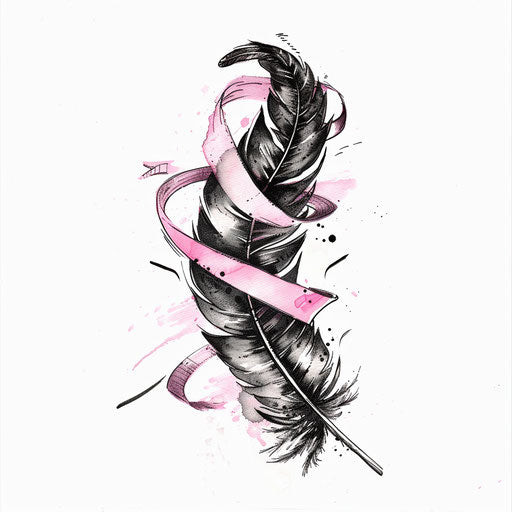 Artistic interpretation of a feather with a pink ribbon motif