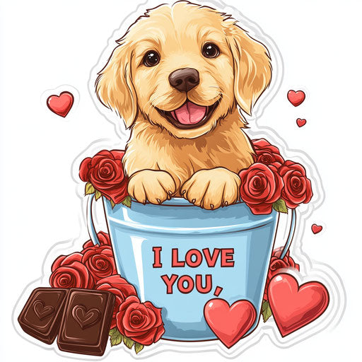 Adorable puppy in bucket of roses, chocolate, and cards