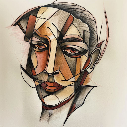 Cubist inspired tattoo sketch of Aphrodite with abstract shapes and muted earth tones