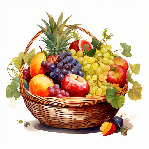 Fruit basket illustration in the style of Chiaroscuro Art, on white background
