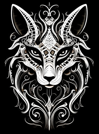 Black and white tribal design with whimsical animal symbolism, art nouveau organic flowing lines, mythical portraiture, changelingcore, ornate calligraphy, velvia 11:15