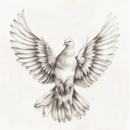 Sketch of a dove representing the Holy Spirit, delicate tattoo design in gray shades on white background.