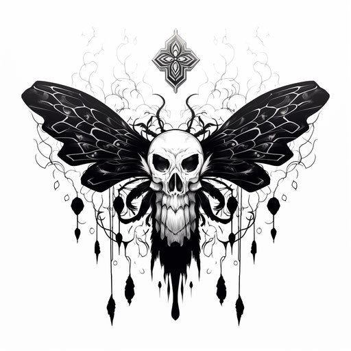 Monochrome moth on white background, skull motif style