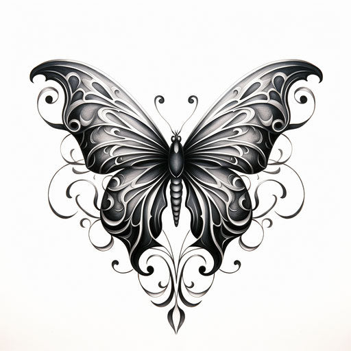 Black and white drawing of a butterfly, sleek and stylized style, tattoo