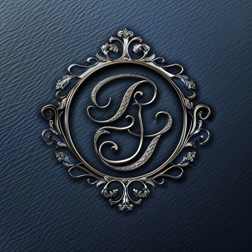 Top logo design featuring monogram and delicate filigree, silver accents on dark blue backdrop