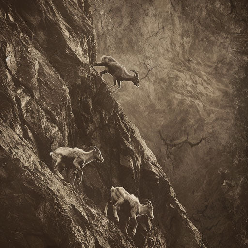 Mountain goats gracefully climbing a rugged slope