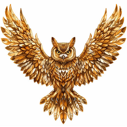 Clipart style tattoo sketch of a golden owl with extended wings, flat design