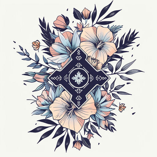 Flat tattoo sketch of a rune surrounded by delicate floral elements