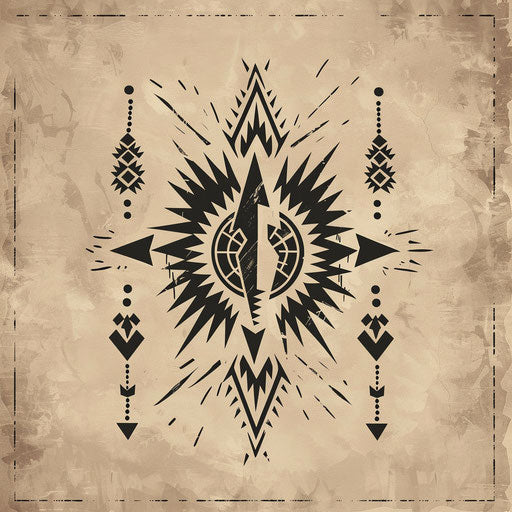 Ancient thunderbolt symbol surrounded by tribal motifs