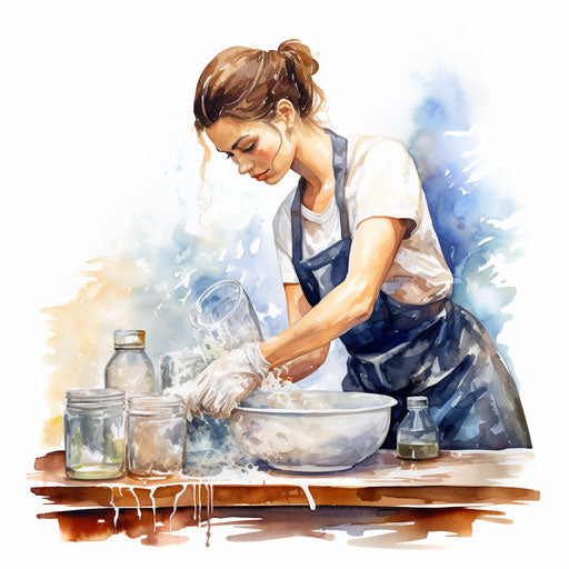 Oil painting of washing dishes on a white background