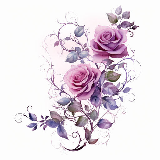 Roses tattoo design with leaves, flowers and vine in light purple and dark pink