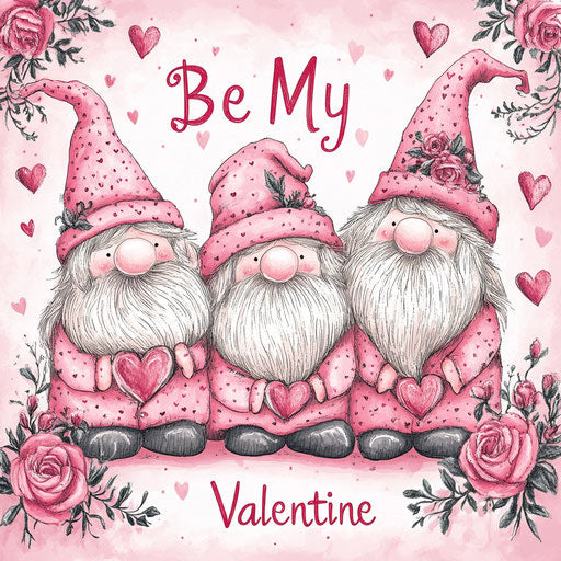 Three gnomes surrounded by roses and hearts, 'Be My Valentine'