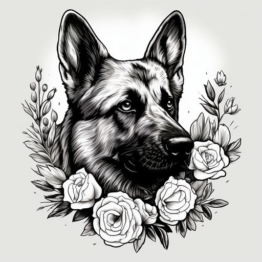 Black and white portrait of a German shepherd with flower
