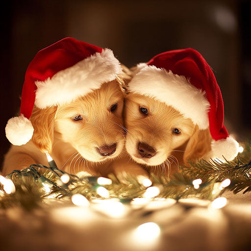 Two golden retriever puppies in Santa hats playfully pulling on Christmas lights