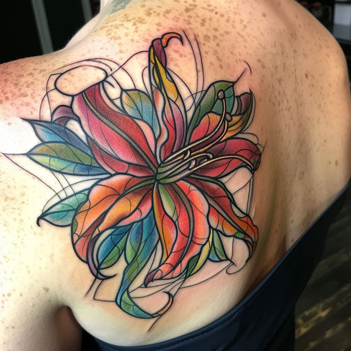 Spider lily tattoo with stained glass style, vibrant segments bounded by black lines, on white background.