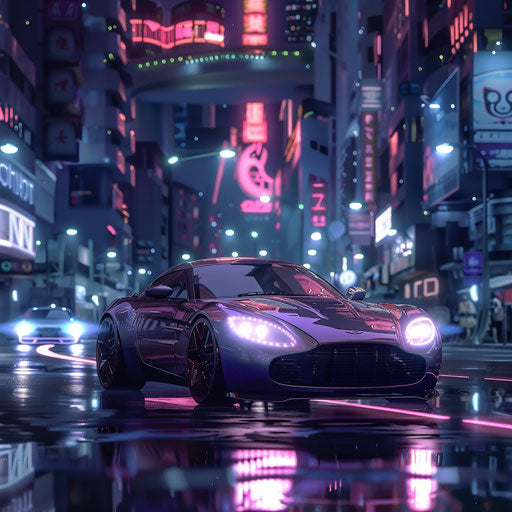 Aston Martin DB7 Zagato with glowing neon underlights cruising through a futuristic cityscape at night