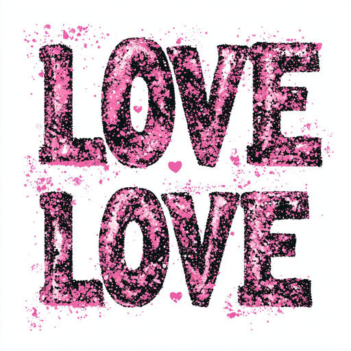 Leopard print with pink glitter and word “LOVE” with heart clipart on white background