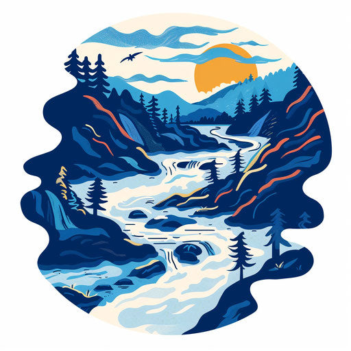 Russian river landscapes in abstract clipart flat tattoo style