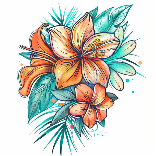 Exotic girly tattoo design with tropical flowers in vivid orange and teal