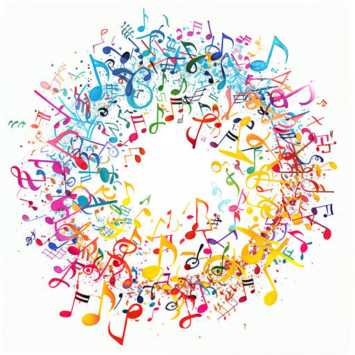 Circle of colorful musical notes on white background