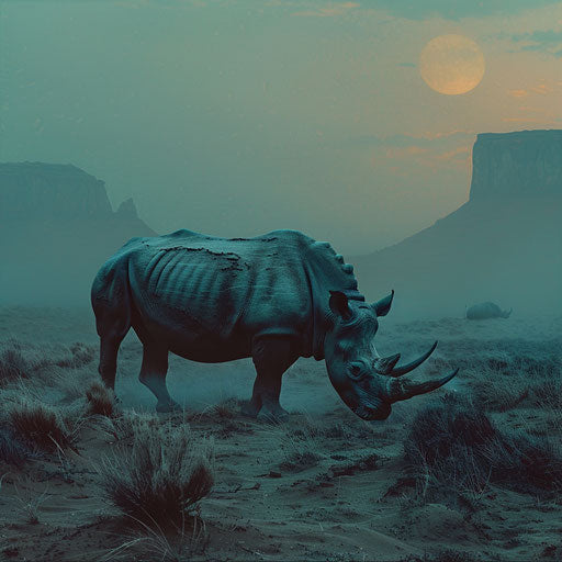 Black rhino in surreal and dreamy scenery, inspired by Simen Johan