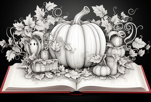 Coloring book with pumpkin and leaves, nightmarish style